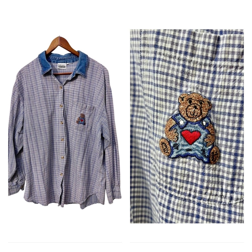 VTG Basic Editions Blue Gingham Teddy Bear Embroidered Denim Collar Shirt Womens